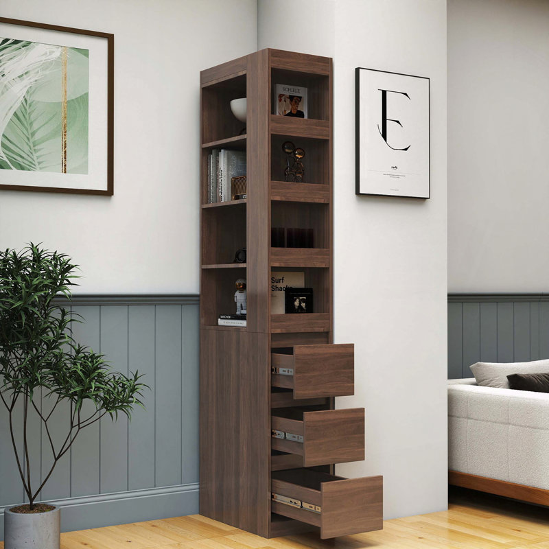 Armoire de rangement haute avec 3 tiroirs et 4 tablettes, Noyer