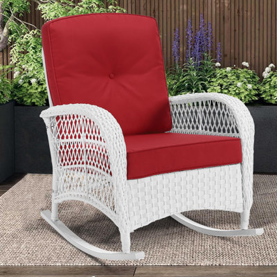  Chaise berçante d'extérieur en osier, chaises berçantes de patio en rotin avec coussins et dossier haut, chaise en osier de patio toutes saisons avec conception berçante sécuritaire pour le porche de jardin, blanc / rouge