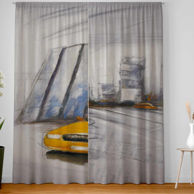 Yellow Taxi and City Sketch Blackout Curtains | Home Decor