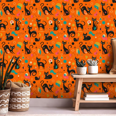 Mid Century Peel and Stick Wallpaper Contact Paper Stylized Black Cat Abstract Colorful Self Adhesive and Removable 24in x 118in(60x300cm)