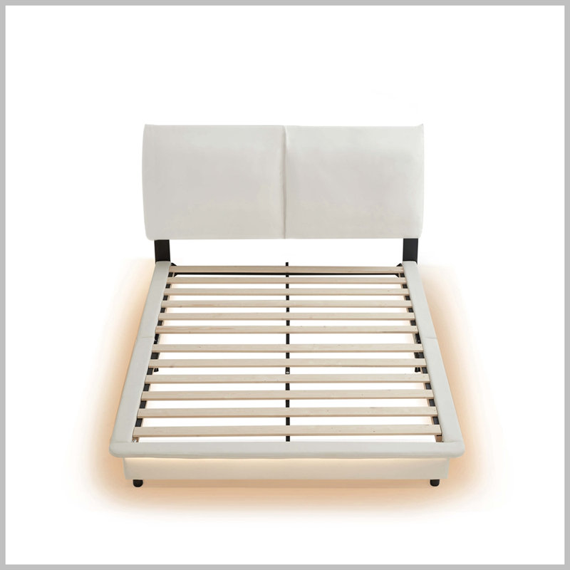 Kayri Upholstered Platform Bed with Sensor Light and Backrests, Full, White