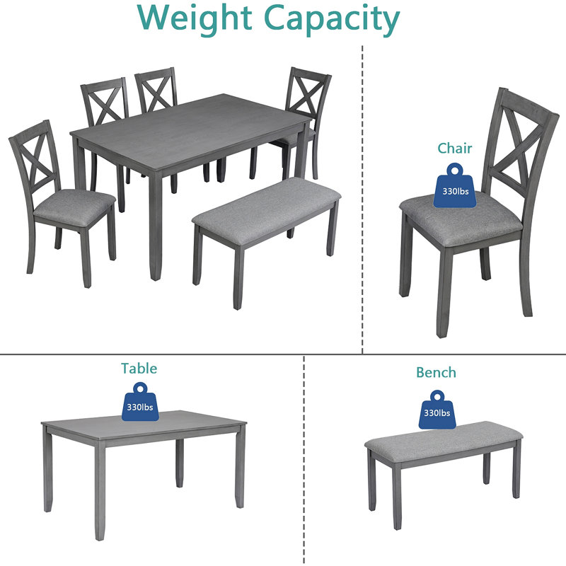 Ensemble de salle à manger de cuisine 6 pièces, table de salle à manger rectangulaire en bois avec 4 chaises rembourrées et un banc, ensemble de table de salle à manger pour 6 personnes