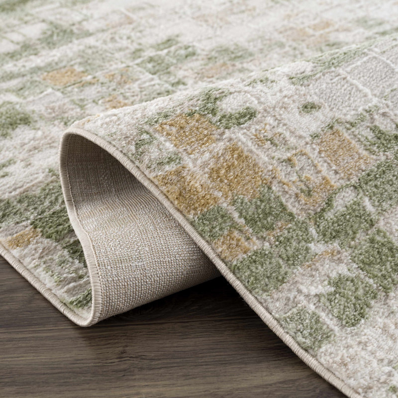 Tiemeyer Abstract Checkered Green Area Rug, Rectangle 6'7" x 9'