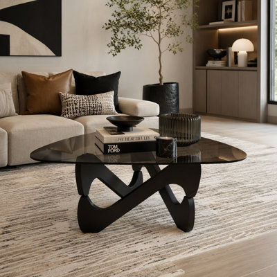 Modern Glass Coffee Table with Black Base and Mid-Century Design