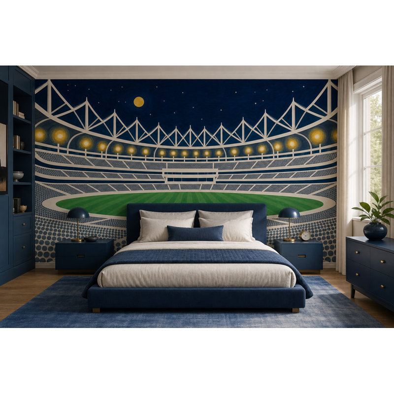 Papier peint mural Dark Night Stadium, arène sportive, ciel bleu marine, 100"x96", Non-Woven Nonpasted