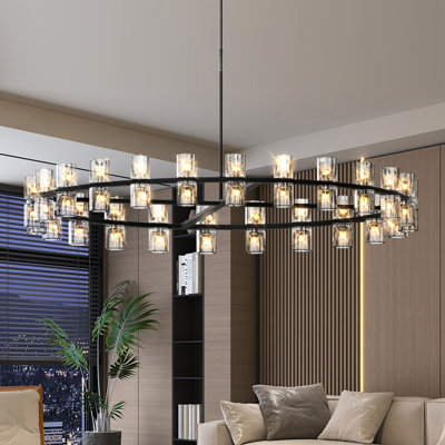 Luxueux cristal de fer noir de 48 pouces, éclairage pour les espaces de vie et de salle à manger, éclairage à DEL, câblé, blanc chaud 2700K, même, installation facile avec cristaux transparents, plafond -