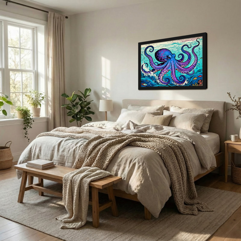 Animals Vibrant Octopus Ocean Waves Colorful Fish Pattern, 20" H x 30" W