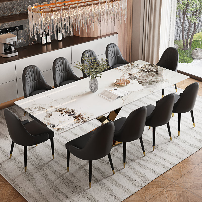Dining Table Set With 94.5'' Extendable Sintered Stone Top And 8 Faux Leather Chairs, Black, Gold, Cream