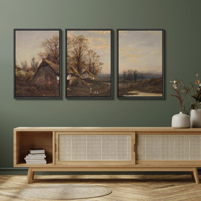 " Countryside Cottage Rustic Nature Landscape Illustrations Modern Art Decor Rustic " 3 - Pieces