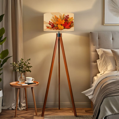Tripod Standing Lamp Autumn Maple Leaves Wheat Arrangement Red Berries Warm Orange Remote Controlled Dimmable LED Floor Lamp with Beech Wood Legs & De