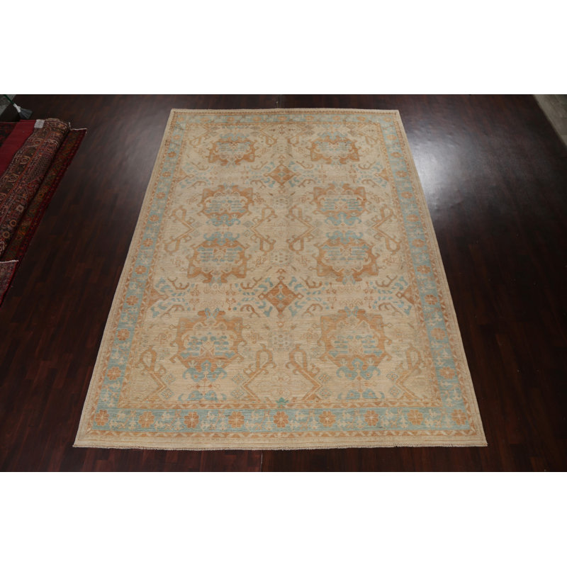 Tapis beige en laine noué à la main de conception unique 9 pi 11 po x 13 pi 6 po