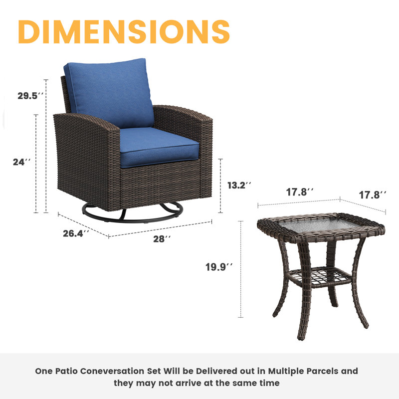 Chaise de patio pivotante avec coussins et table d'appoint, Bleu ardoise