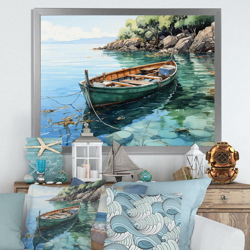 Bateau ancré IV sur toile, H 30 po x l 40 po x P 1,5 po, Cadre simple argenté