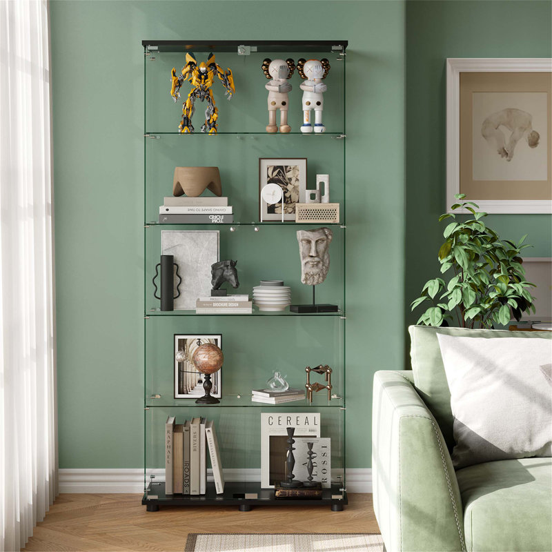 Vitrine en verre avec portes doubles à 5 tablettes et serrure, bibliothèque sur pied en verre trempé pour la maison et le bureau