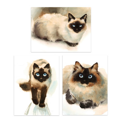 Blue Eyed Ragdoll Cats Watercolour 3-Piece Set Unframed Wall Art Prints Living Room Aesthetic Paintings