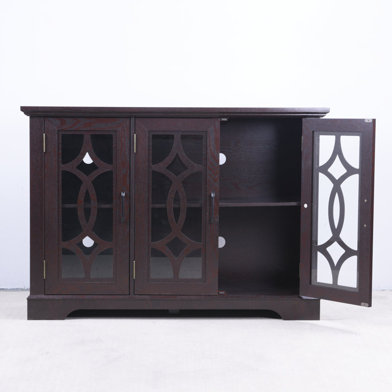 Buffet spacieux de 48,66 po x 15,55 po x 34,06 po à 3 portes en verre trempé transparent avec tablette réglable, panneau de fibres à densité moyenne et stratifié décoratif rouge foncé pour la salle à manger, la cuisine et le salon