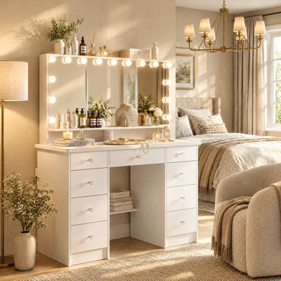 43.3" W Makeup Vanity Desk with 9 Drawers, Tri-Fold Mirror and 15 LED Bulbs