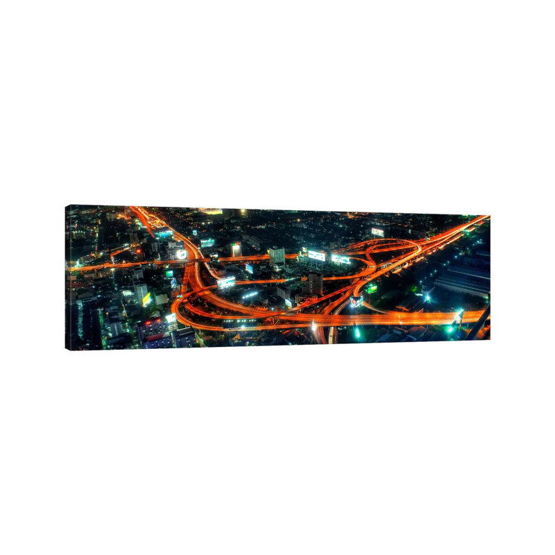 City Life At Night Panoramic Skyline Cityscape by Unknown Artist - Wrapped Canvas Panoramic Print