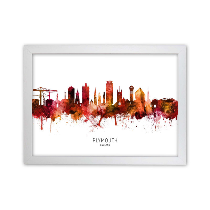 Plymouth England Skyline Red City Name by Michael Tompsett - Print, White Framed, 59.4cm H x 84.1cm W x 3cm D