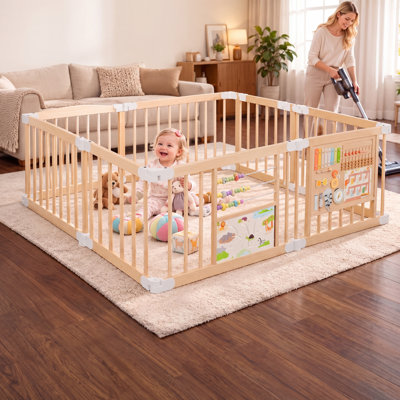 55"x55"x24" Foldable Wooden Baby Playpen with Gate  2 Game Boards for Infant Girls  Boys,10+ Toy Set,Adjustable Panel Play Yard Fence for Toddlers