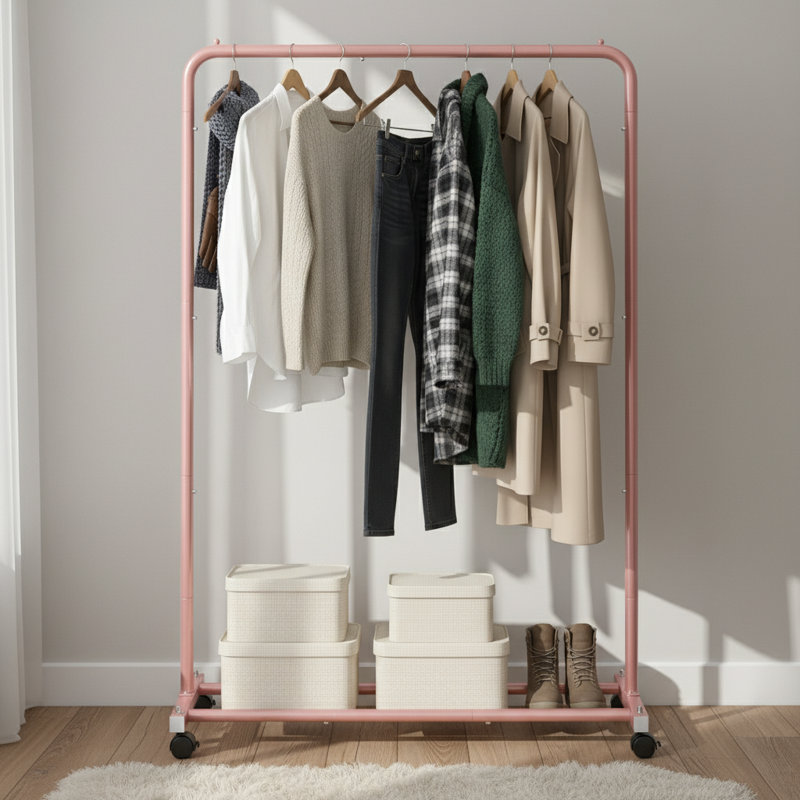 Portant à vêtements standard avec tablettes de rangement, range-vêtements sur roulettes, Rose