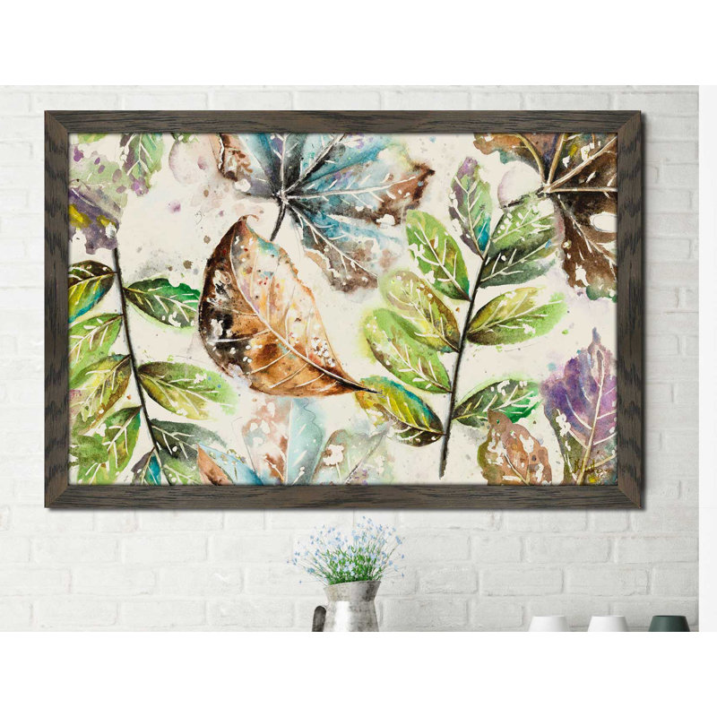 «Global Leaves Rectangle», reproduction de peinture à l'aquarelle, H 33,5 po x l 49,5 po x P 1 po, Cadre chocolat patiné