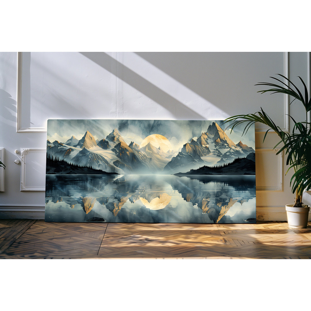 Gerahmtes Bild auf Leinwand 120x60cm Berge Vollmond Mond See Bergsee Kunstvoll Gebirge