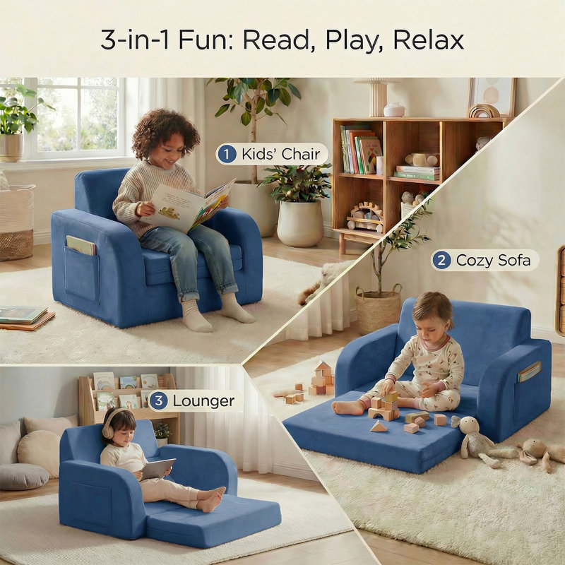 3-in-1 Convertible Kids Couch, Flip Open Lounger & Sofa Bed, Machine-Washable, Blue