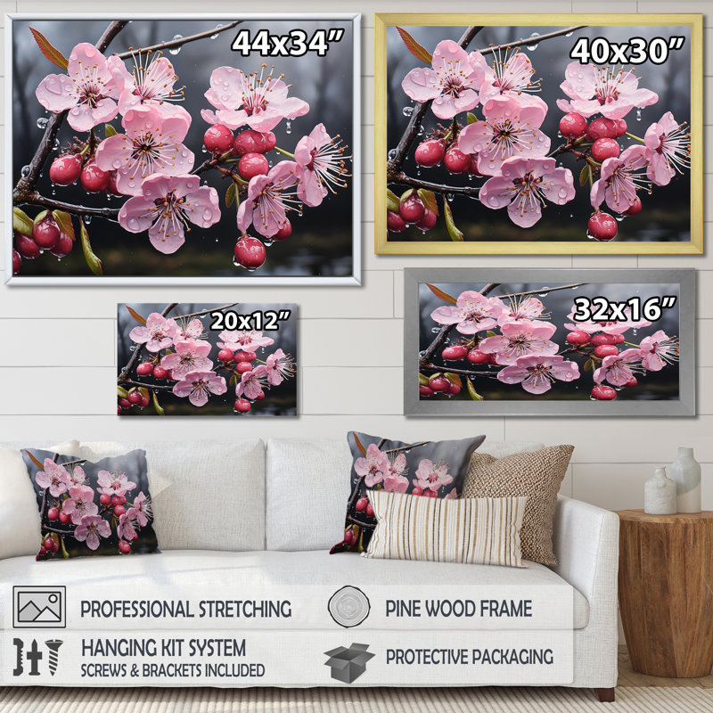 Fleur de cerisier rose, joyau de jardin I - art mural cerisier en fleurs, Cadre doré à coins fermés