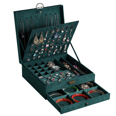 Boîte à bijoux pour femmes verrouillable 3 couches grand étui de rangement pour bijoux pour boucles d'oreilles, colliers, bagues, porte-bijoux vert (vert)
