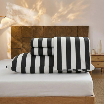 Ensemble de draps 100% coton de très grande taille - literie à rayures noires et blanches, tissage percale doux et respirant, drap à poche profonde à rayures larges 17,5 po, aspect lin luxueux, literie 4 pièces toutes saisons