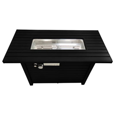 24" H Steel Propane Fire Pit Patio Table - Black, , Airy Slatted Base, Lid, Cover, Lava Rocks, Glass Beads, Adjustable Flame, Deck- Outdoor Weather- Finish, Flame Adjustable, Heating