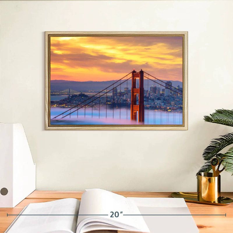 Golden Gate, coucher de soleil sur l'horizon, 13 po x 9 po, Cadre flottant en bois naturel