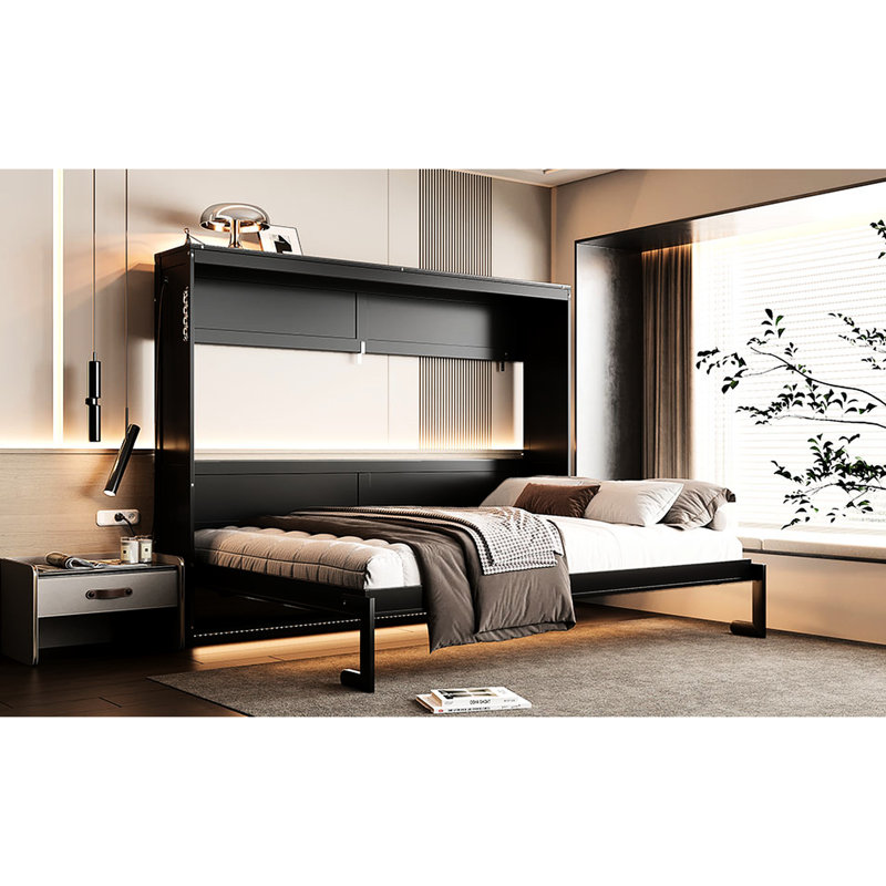 Printed Queen-size Bed With , Led Lighting & Outlet, Black Queen Pattern, Under Lights Built-in , Space