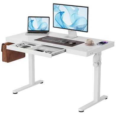 Height-adjustable desk with touchscreen control，Seila Glass Top Height Adjustable Standing Desk, Computer Desk with Drawer, USB Port and Type-C Port