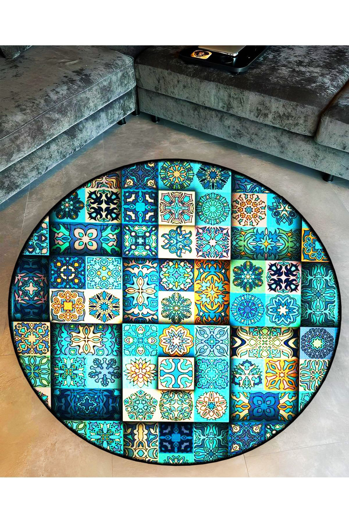 Hokku Designs Round Blue Tile Patterned Woven Base Decorative Machine ...