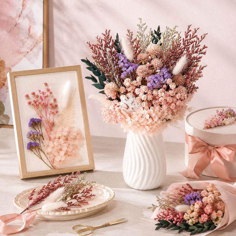 Fleurs et feuilles séchées naturelles de couleurs variées pour la résine et les loisirs créatifs.