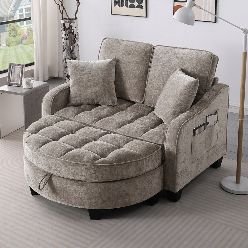 Chenille 2-seater Sofa, Double Sofa Chaise Longue, Brown