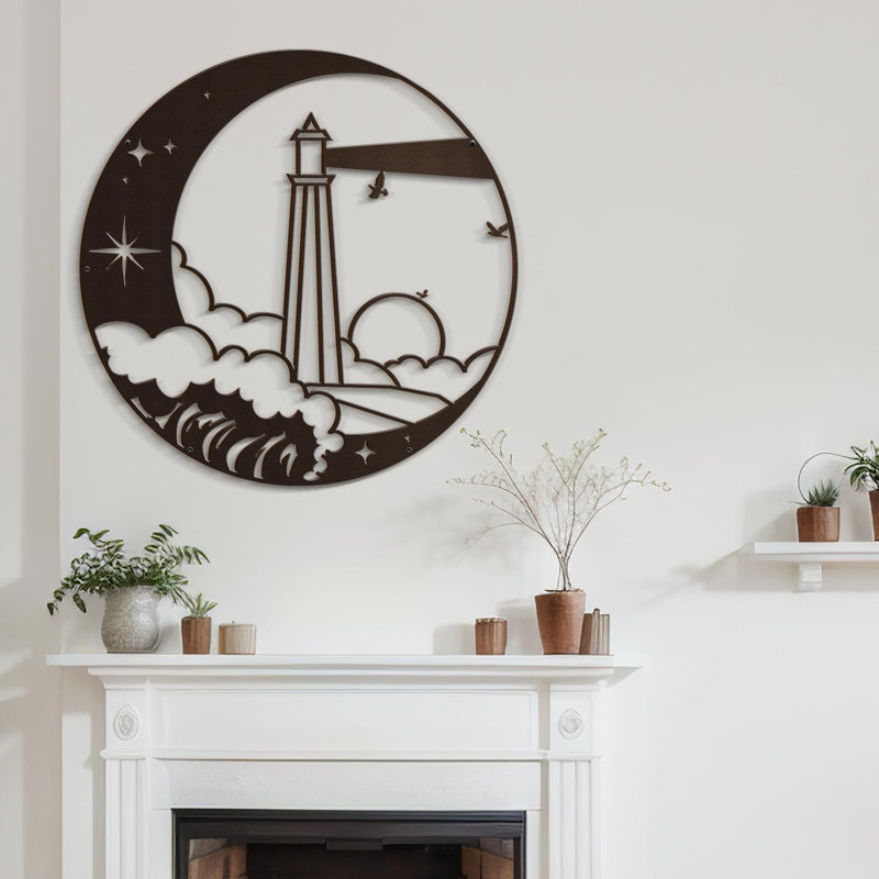 Décoration murale en métal abstrait phare sur les vagues, H 36 po x l 36 po x P 0,05 po, Brun