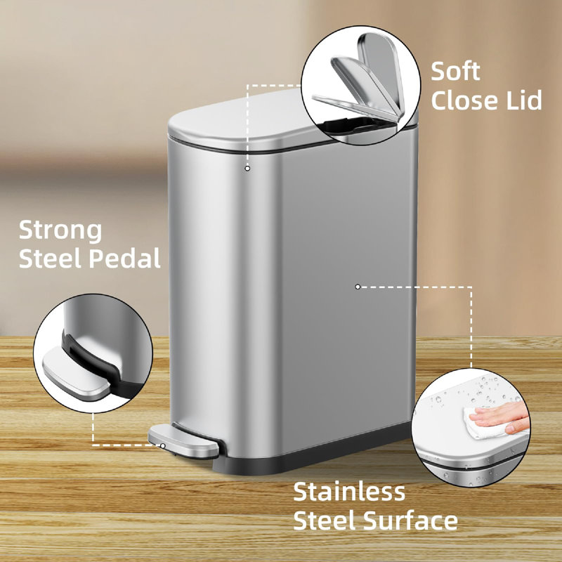 Slim Stainless Steel Trash Can With Removable Liner Bucket - Space-Saving 10L Office Garbage Bin With Silent Closing Lid (Silver Modern Design)
