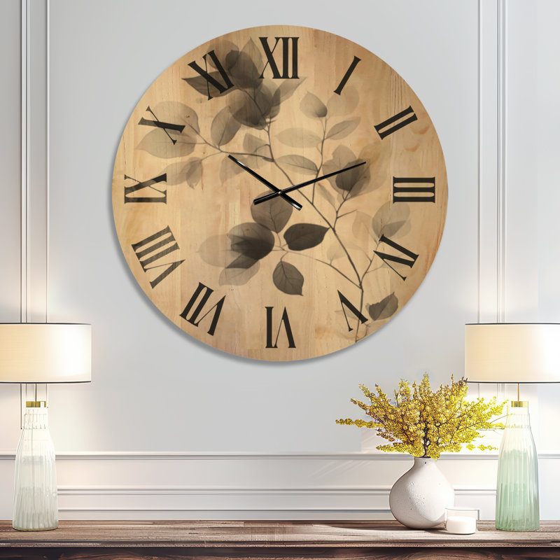 Horloge murale ronde scandinave grise, motif feuille translucide, imprimée sur bois massif, Très grand