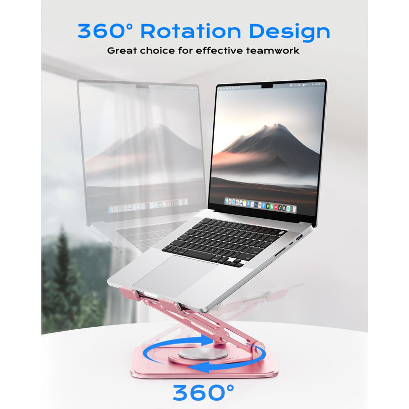 Support réglable pour ordinateur portable, support d'ordinateur avec base rotative à 360 °, support ergonomique pour ordinateur portable pour bureau pliable, rose