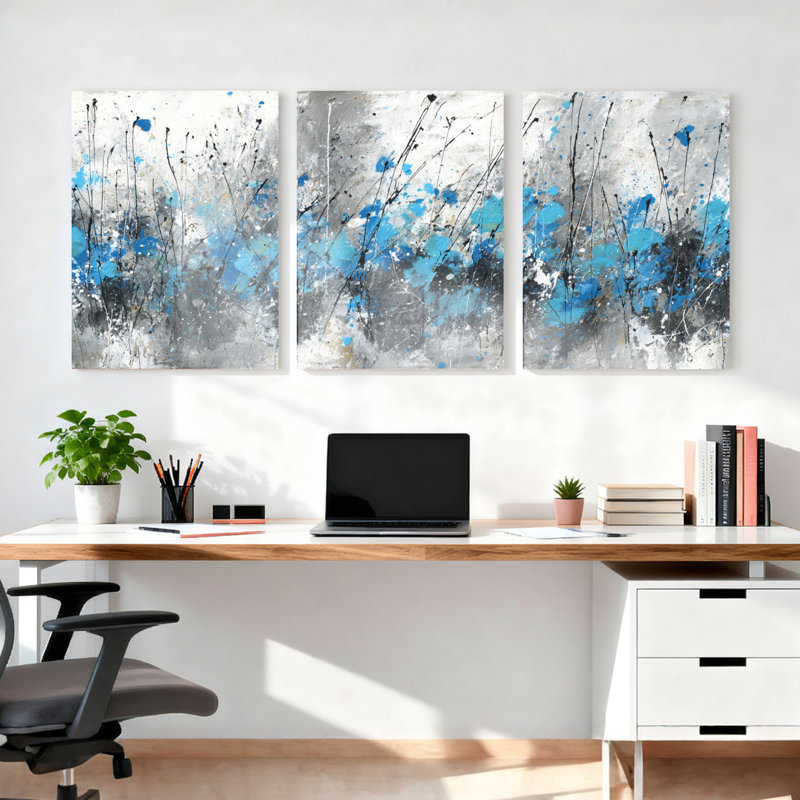 Ensemble de 3 tableaux abstraits sur toile tendue, à motifs d'éclaboussures bleues et grises, H 18 po x l 36 po