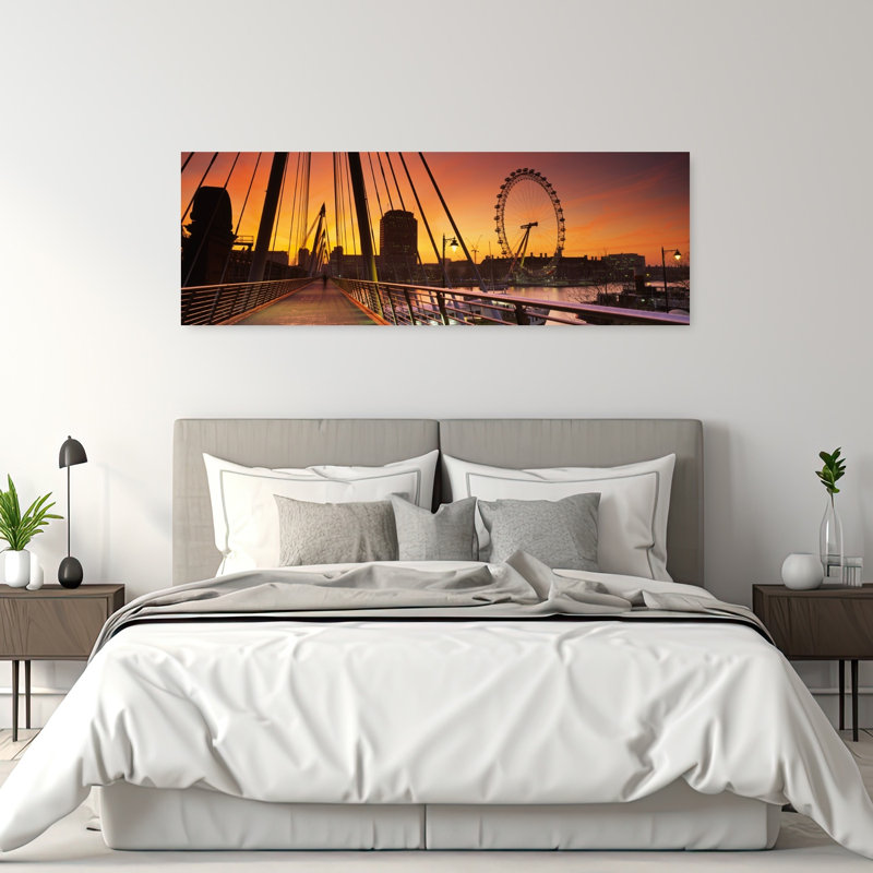 Bridge across a river with a ferris wheel in the background Golden Jubilee Bridge Thames River Millennium Wheel City Of Westminster London England 1 Piece Wrapped Canvas Panoramic Wall Art