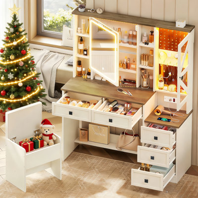 White Makeup Vanity Set with Lights and Mirror & Storage Stool Dressing Vanity Table for Bedroom