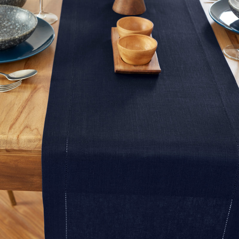 Medium Weight Hemstitch - 100% Pure Linen Table Runner, Navy, 90" x 14"