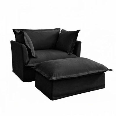 Chenille Slipcovered Armchair with Wide Ottoman, Deep Seat with Large Soft Pillows, Set of 2
