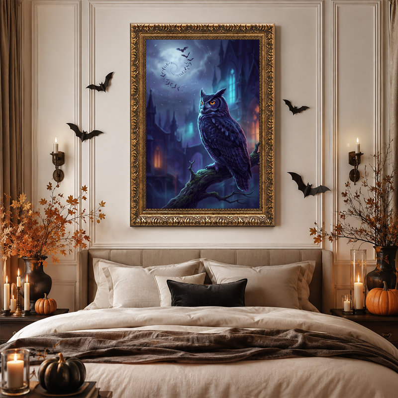 Hibou noir sur une branche avec château gothique, spirale de chauves-souris, toile murale d'Halloween, H 30 po x l 20 po