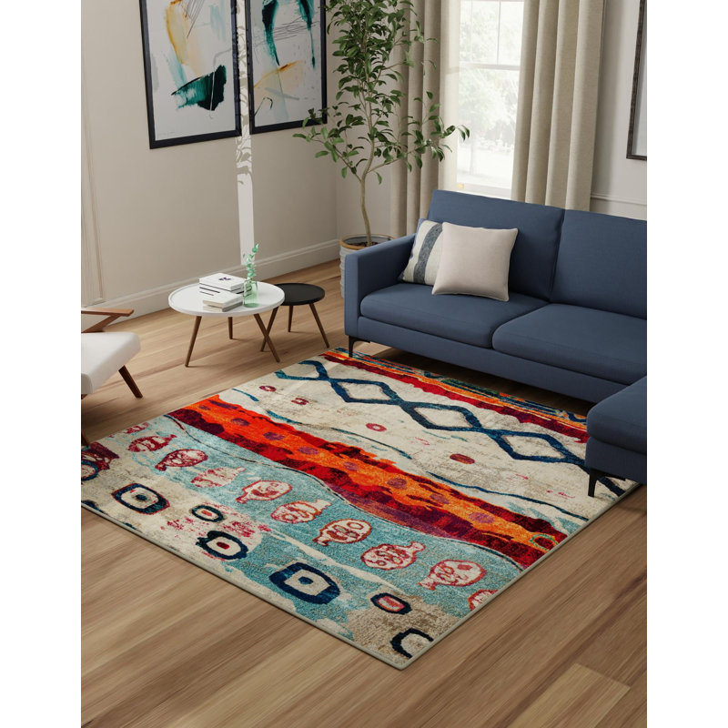 Machine Woven Polypropylene Area Rug in Teal/Orange/Beige, Rectangle 5'3" x 8'