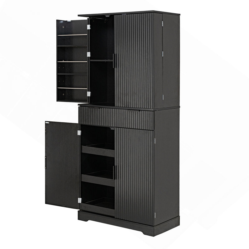 Cabinet 72" Fluted Kitchen Pantry With 3 Keyboard Drawers & 6-Door Shelves Adjustable, Freestanding Cupboard Storage Cabinet For Bathroom Dining Room, Office, Entryway